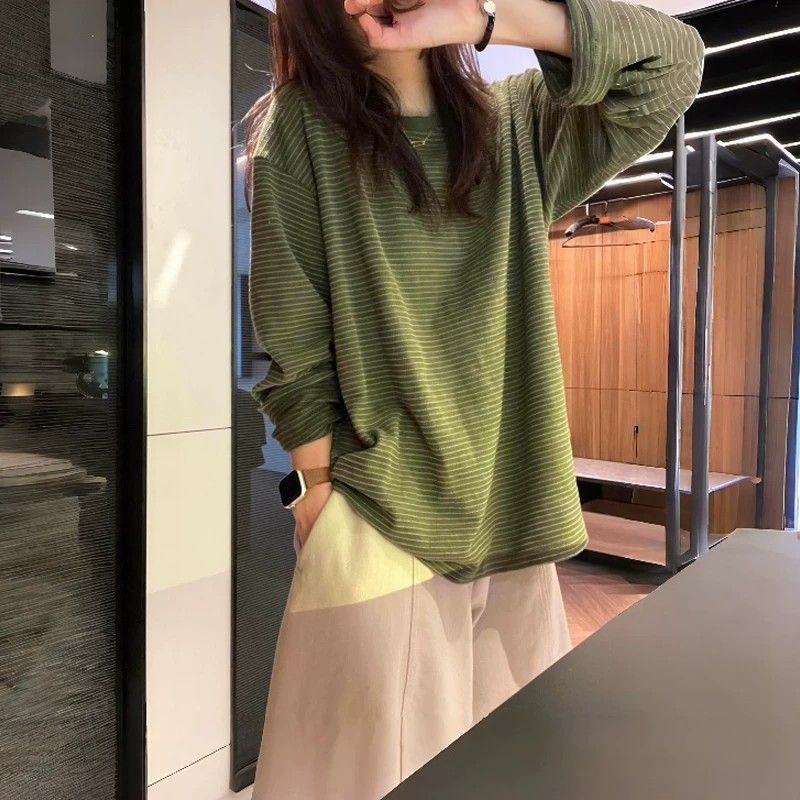 Y2K レトロ ボーダー 長袖Tシャツ グリーン