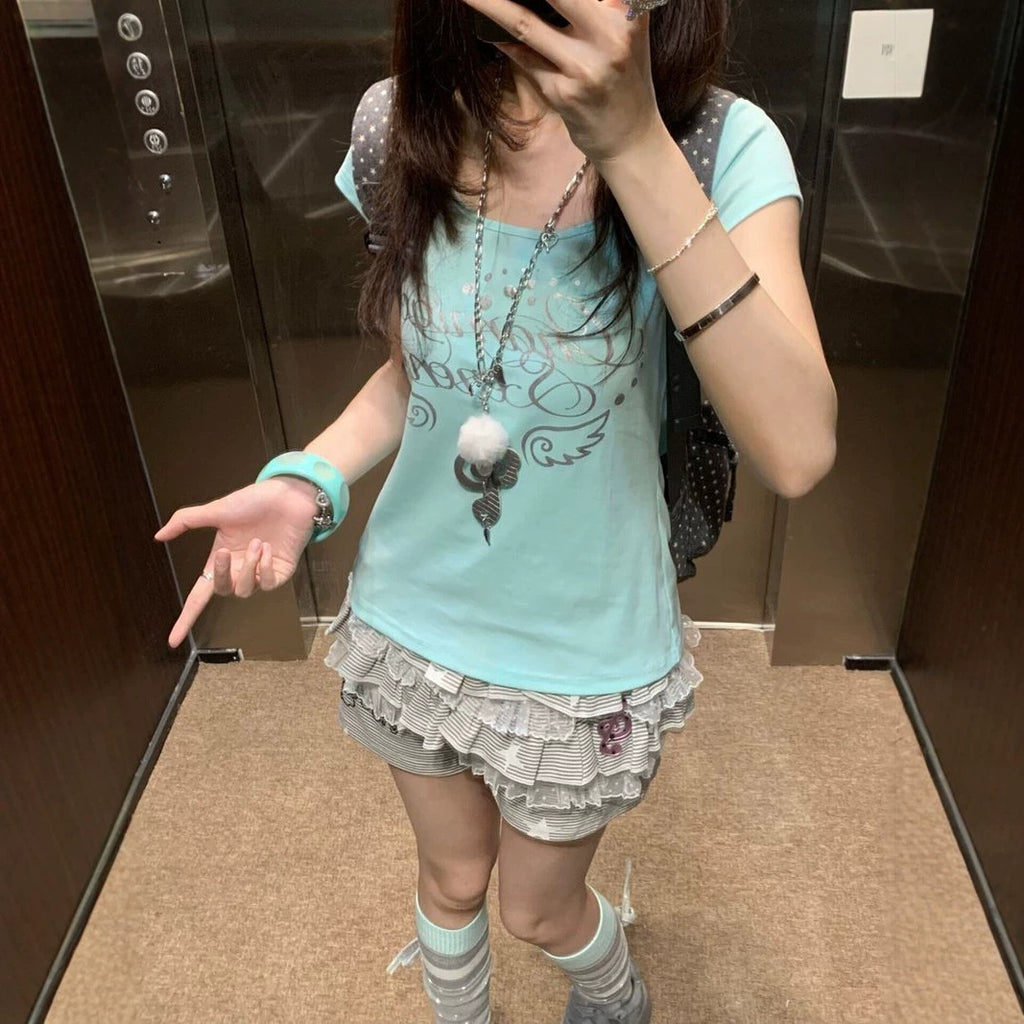 Y2K シルバー箔プリント 半袖Tシャツ ミントグリーン