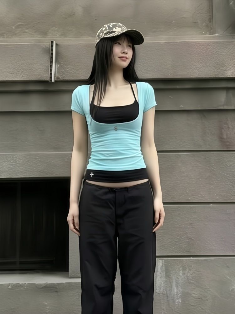 Y2K レイヤード風 フェイクツーピース 半袖Tシャツ ブルー