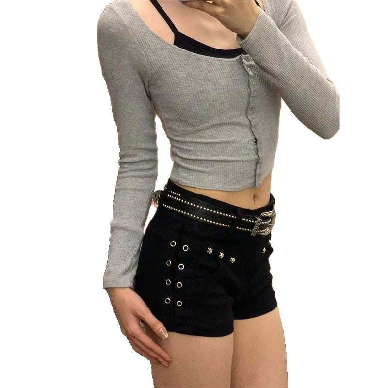 Y2K ハトメ ローライズ デニムショートパンツ ブラック
