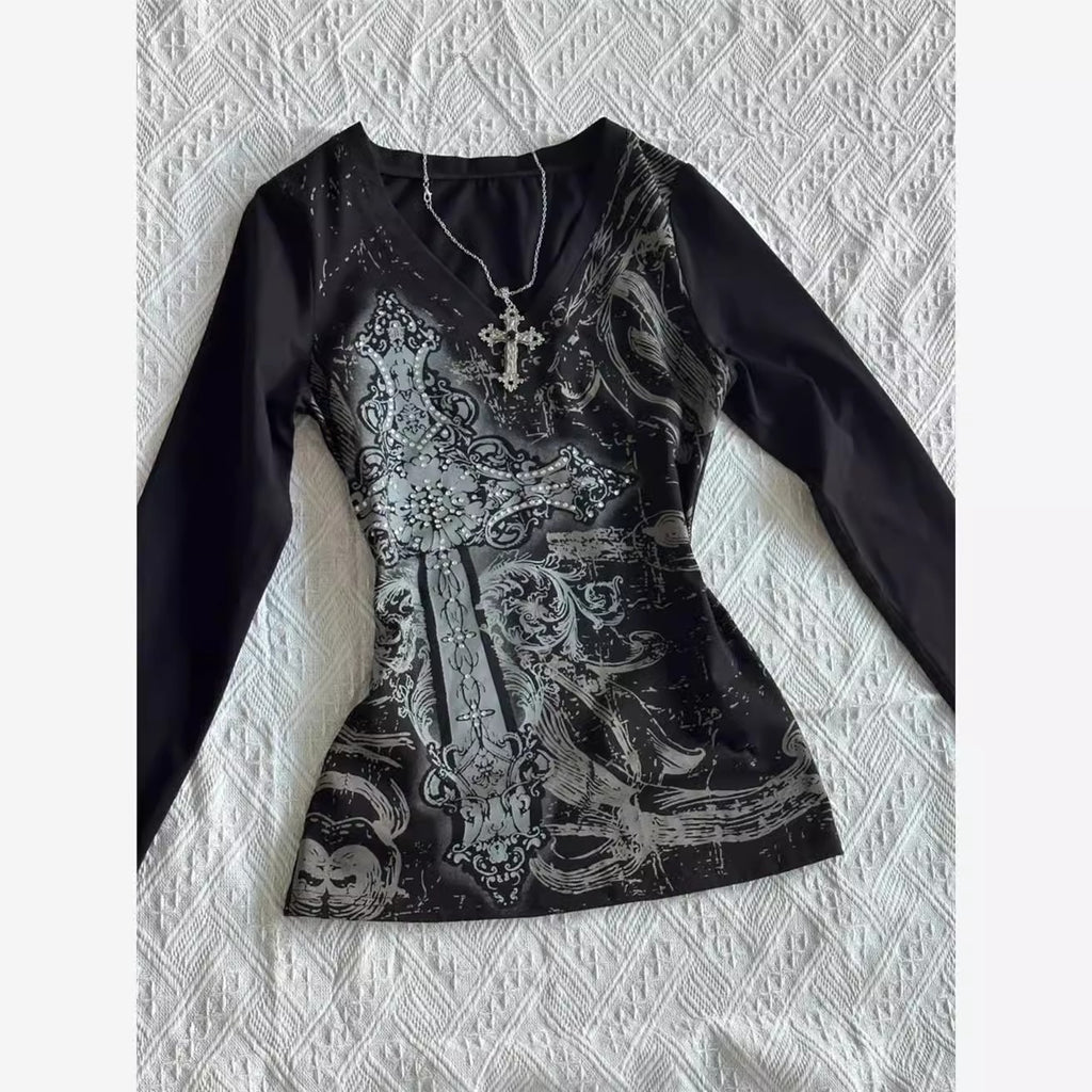 Y2K ラインストーン クロス Vネック 長袖Tシャツ