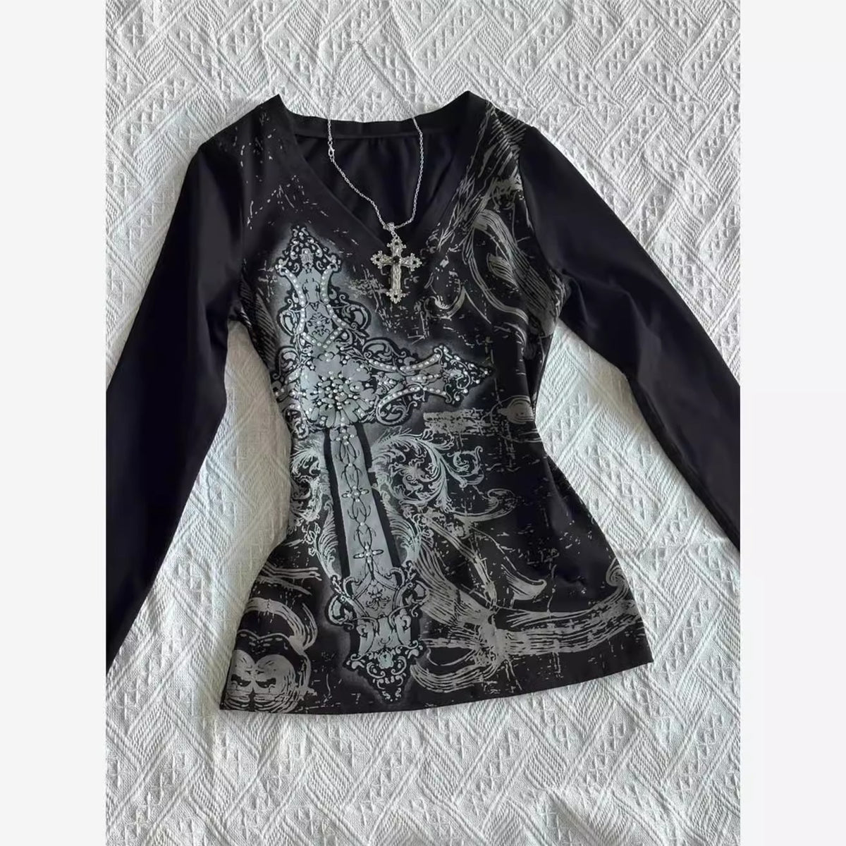 Y2K ラインストーン クロス Vネック 長袖Tシャツ
