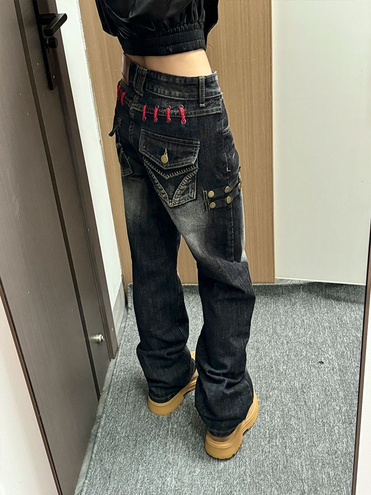 Y2K ウォッシュド ストレート デニムパンツ ブラック