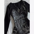 Y2K ラインストーン クロス Vネック 長袖Tシャツ