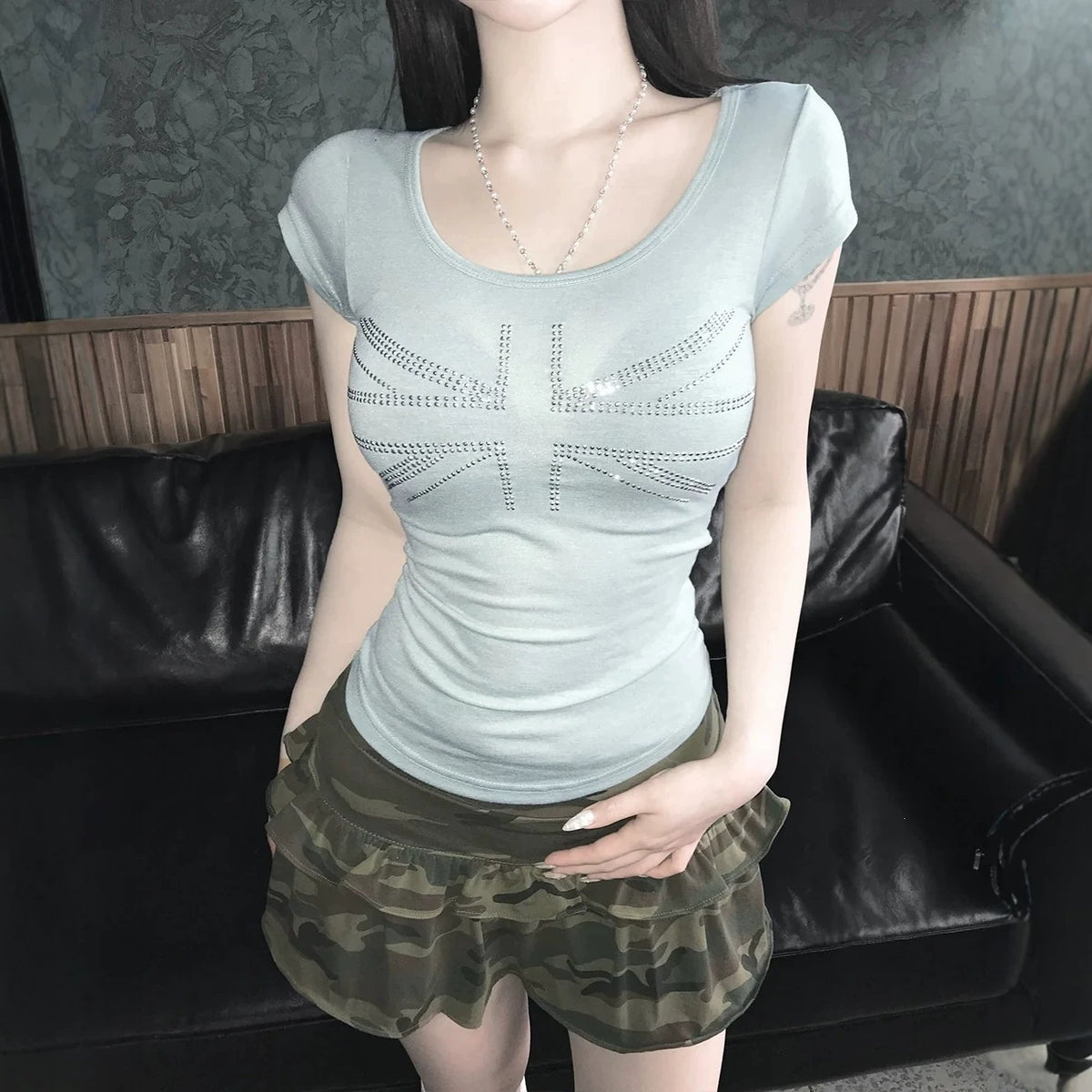 Y2K ユニオンジャック ラインストーン Uネック 半袖Tシャツ