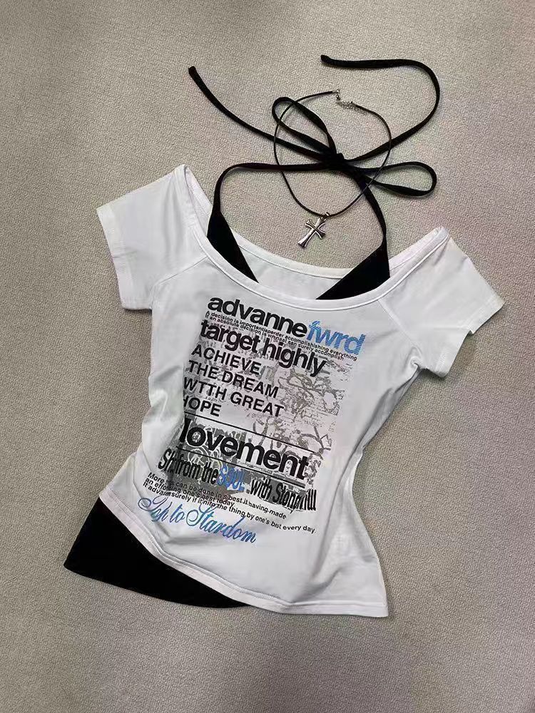 Y2K ホルターネック レイヤード風 レタリングTシャツ