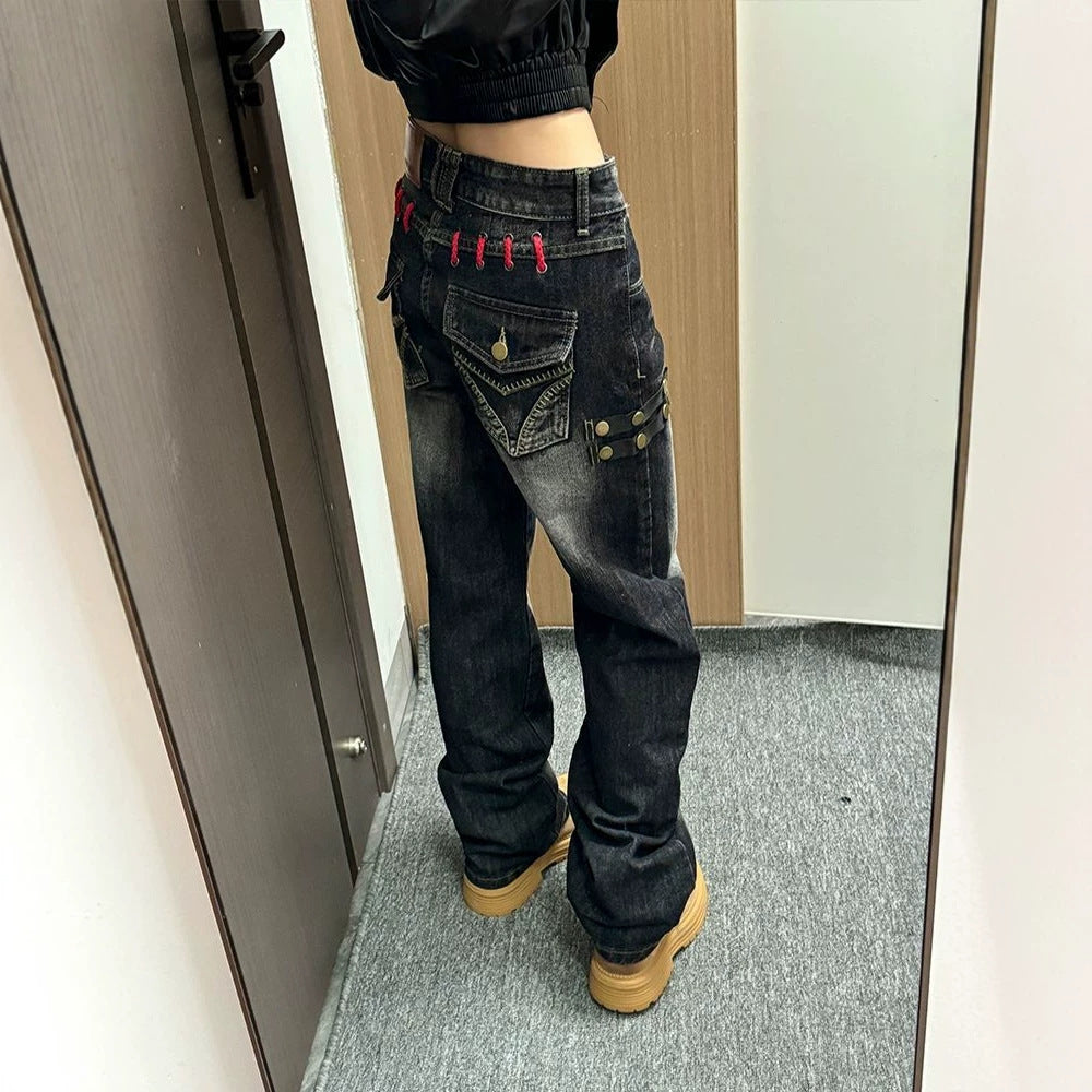 Y2K ウォッシュド ストレート デニムパンツ ブラック