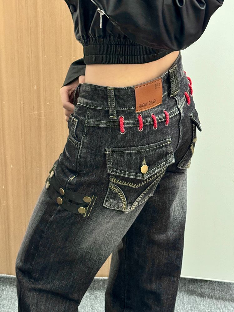 Y2K ウォッシュド ストレート デニムパンツ ブラック
