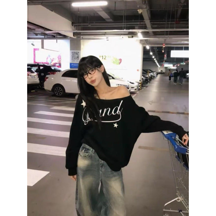 Y2K オフショルダー スウェット ブラック