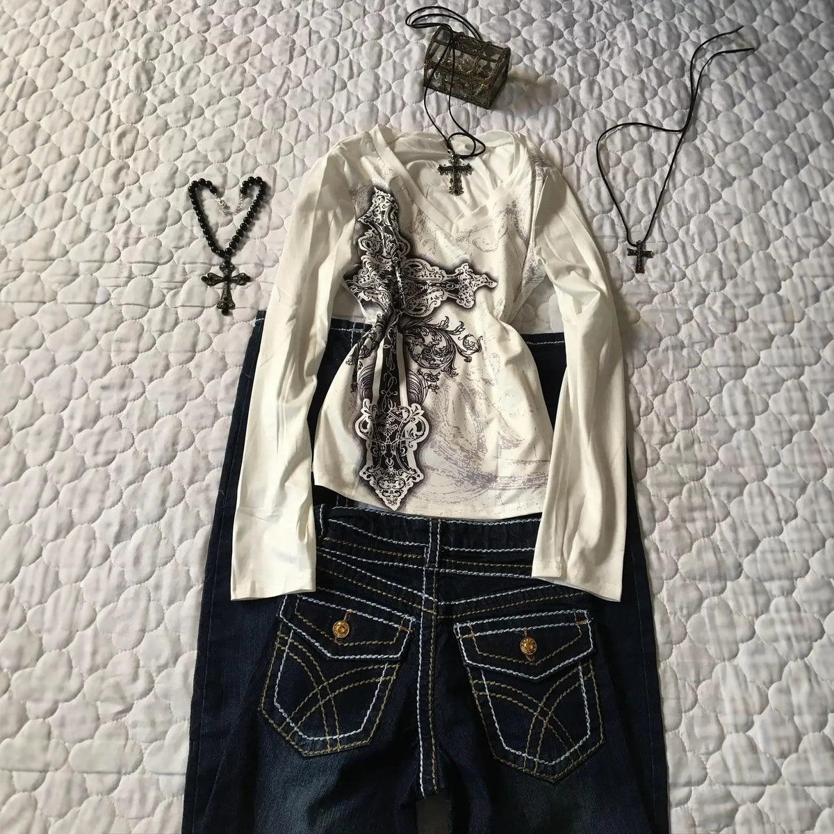 Y2K ラインストーン クロス Vネック 長袖Tシャツ