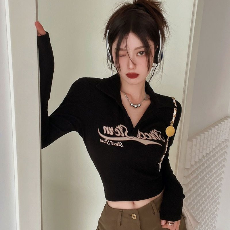 Y2K レタリング 襟付き ショート丈 ロンT
