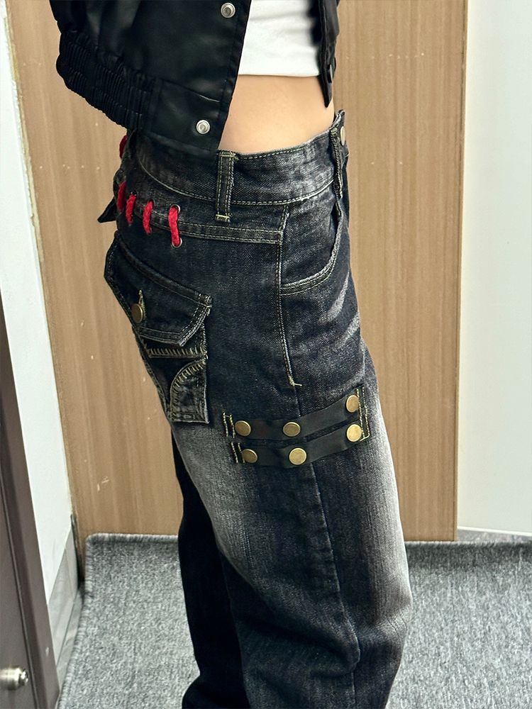 Y2K ウォッシュド ストレート デニムパンツ ブラック