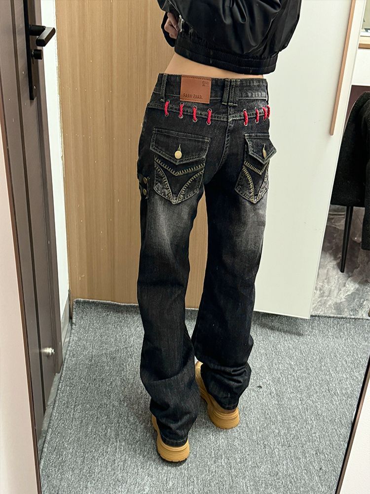 Y2K ウォッシュド ストレート デニムパンツ ブラック