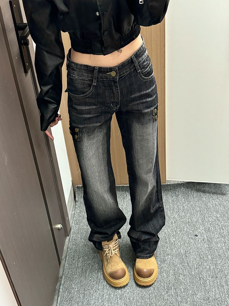 Y2K ウォッシュド ストレート デニムパンツ ブラック