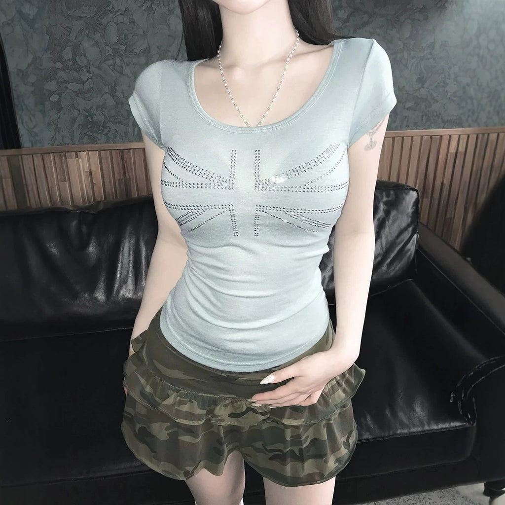 Y2K ユニオンジャック ラインストーン Uネック 半袖Tシャツ