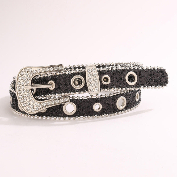Y2K Glitter Rhinestone Western Belt - Black (103 x 2.5cm)