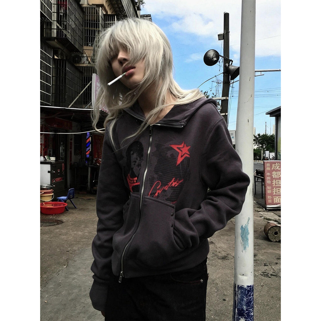 Y2K レッドスター 刺繍風 ジップパーカー