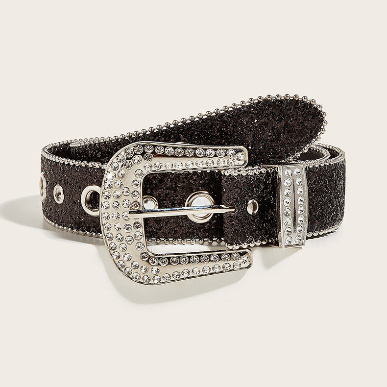 Y2K Glitter Rhinestone Western Belt - Black (103 x 3.8cm)