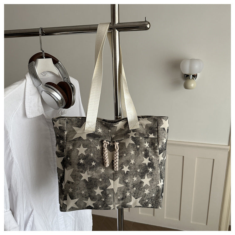 Y2K Star Print Canvas Tote Bag - Gray