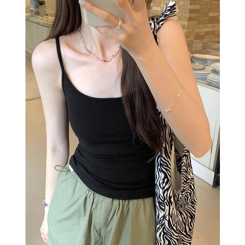 Y2K Basic Thin Strap Cropped Camisole - Black
