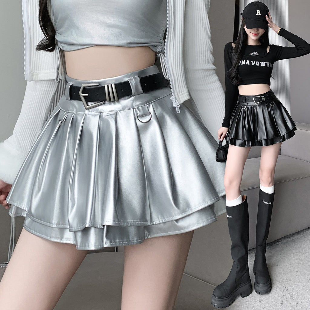 Y2K Metallic Faux Leather Tiered Pleated Mini Skirt - Silver