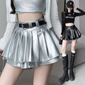 Y2K Metallic Faux Leather Tiered Pleated Mini Skirt - Silver