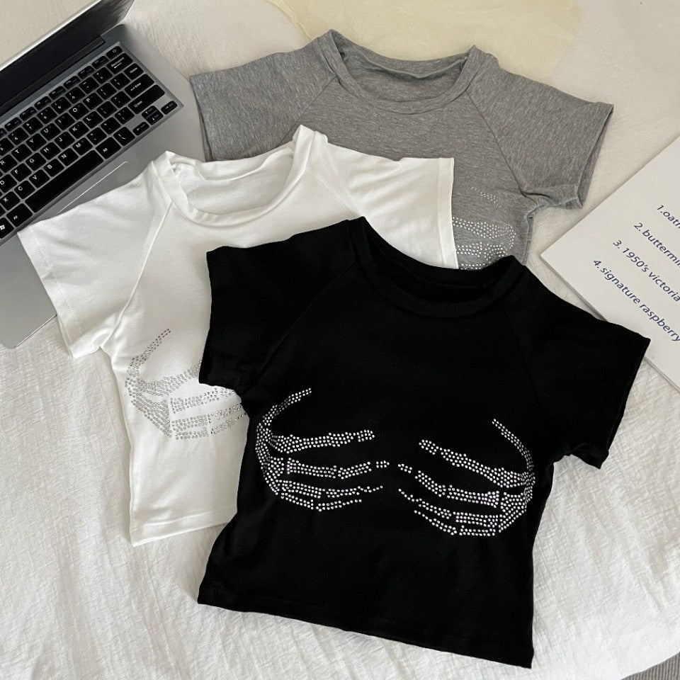 Y2K ラインストーン スカルハンド ショート丈Tシャツ