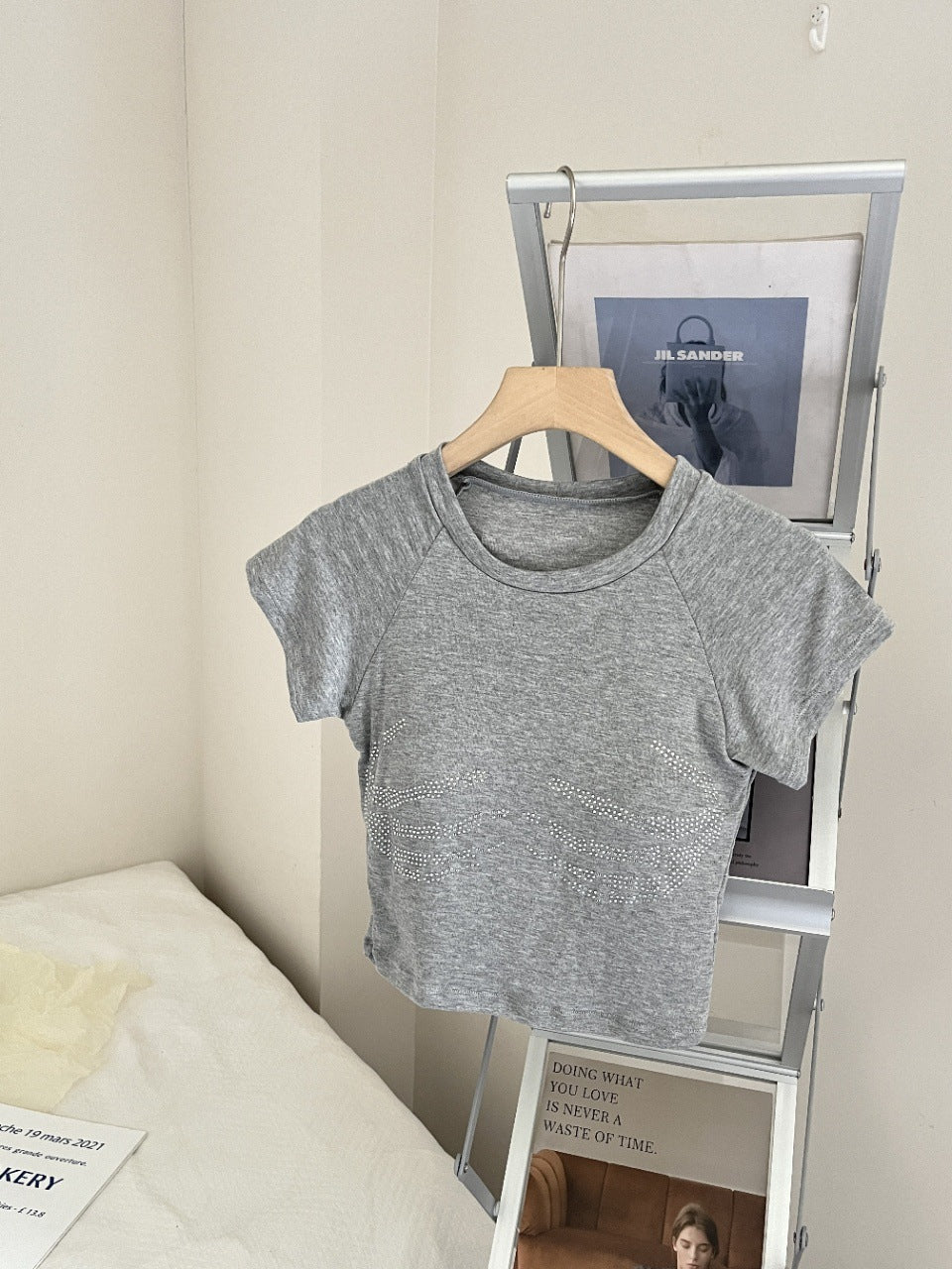 Y2K ラインストーン スカルハンド ショート丈Tシャツ