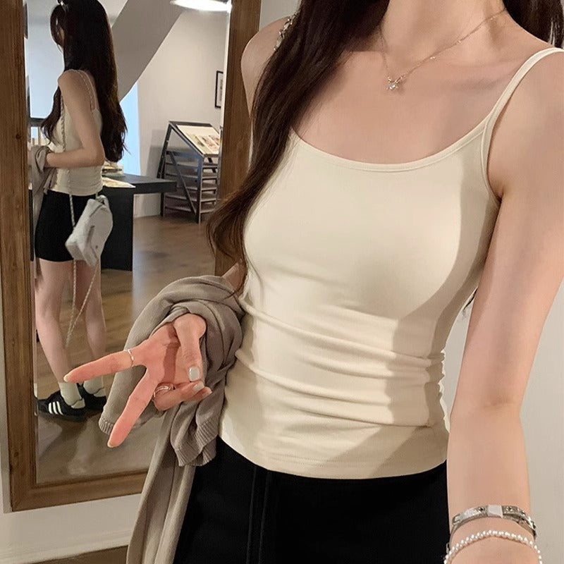 Y2K Basic Thin Strap Cropped Camisole - Apricot