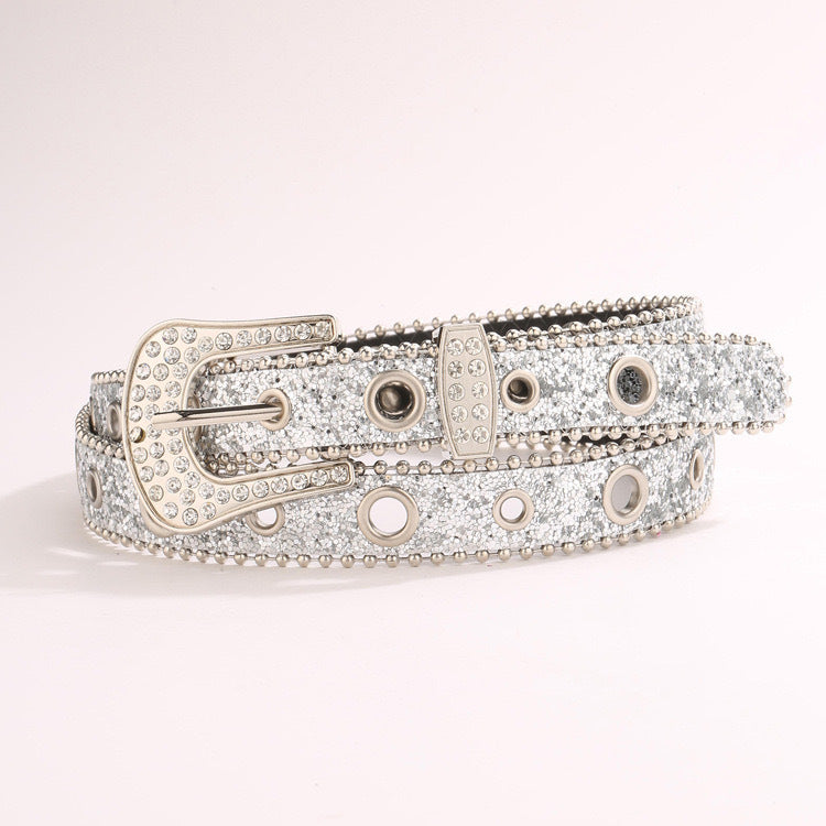 Y2K Glitter Rhinestone Western Belt - Silver (103 x 2.5cm)
