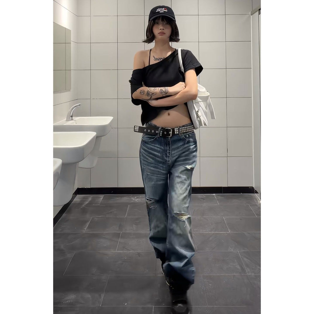 Y2K オフショルダー ショート丈Tシャツ