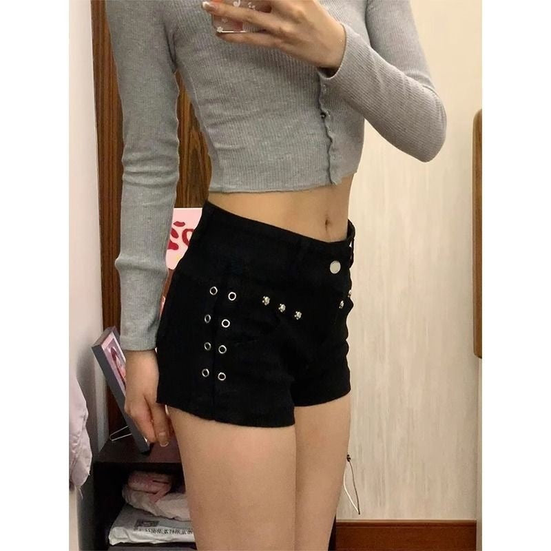 Y2K ハトメ ローライズ デニムショートパンツ ブラック