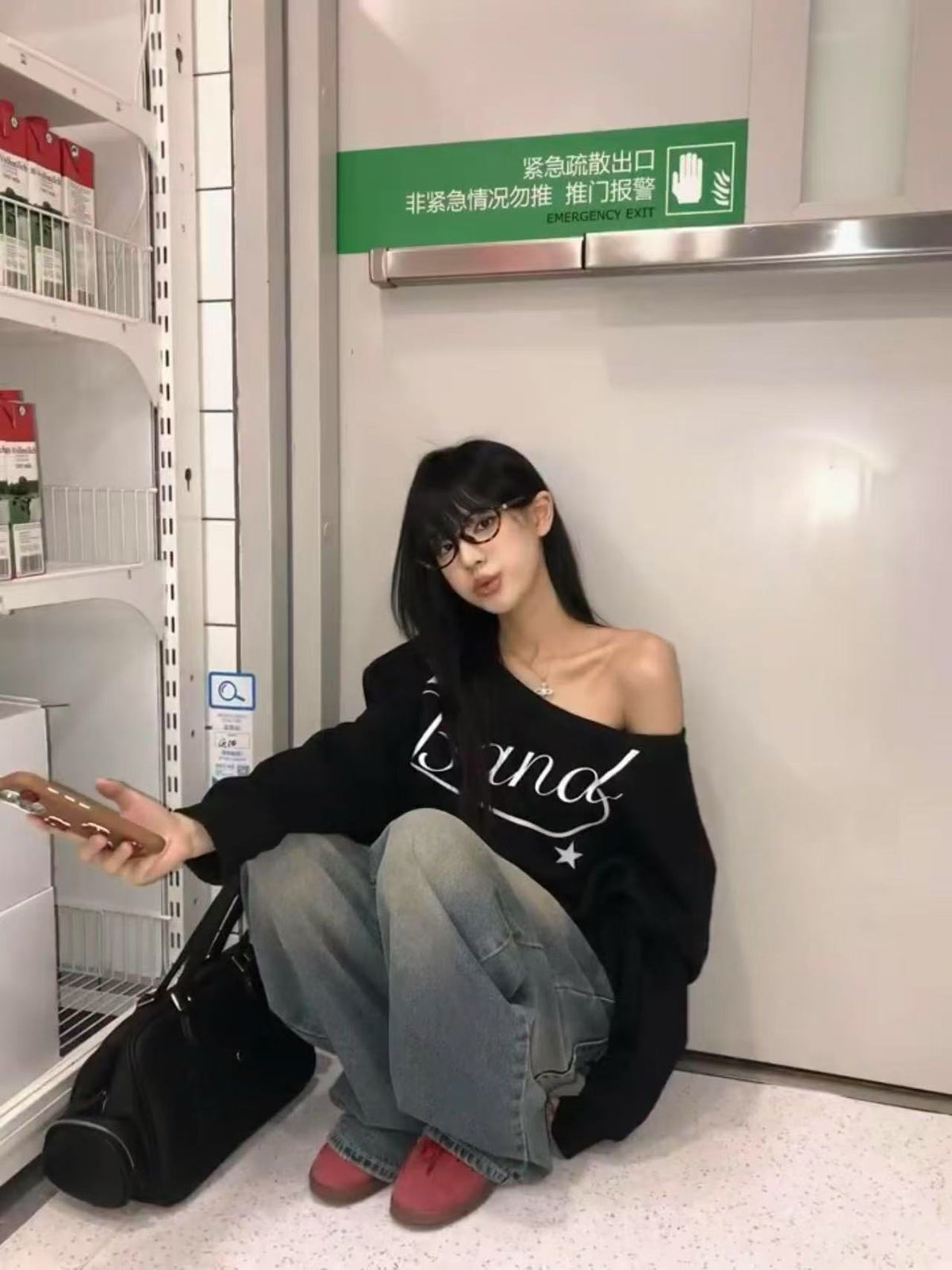 Y2K オフショルダー スウェット ブラック