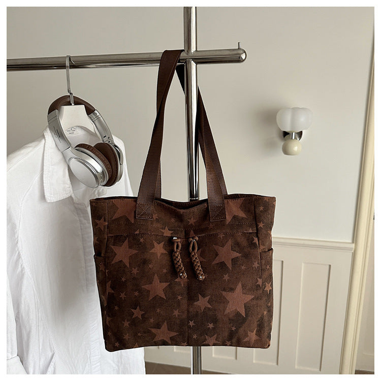 Y2K Star Print Canvas Tote Bag - Brown