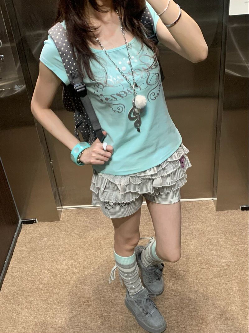 Y2K シルバー箔プリント 半袖Tシャツ ミントグリーン