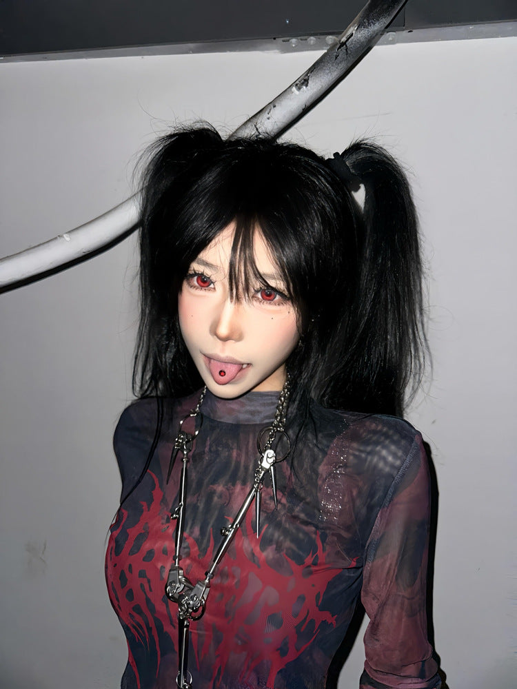 Y2K パンク メッシュ プリント 長袖トップス ブラック