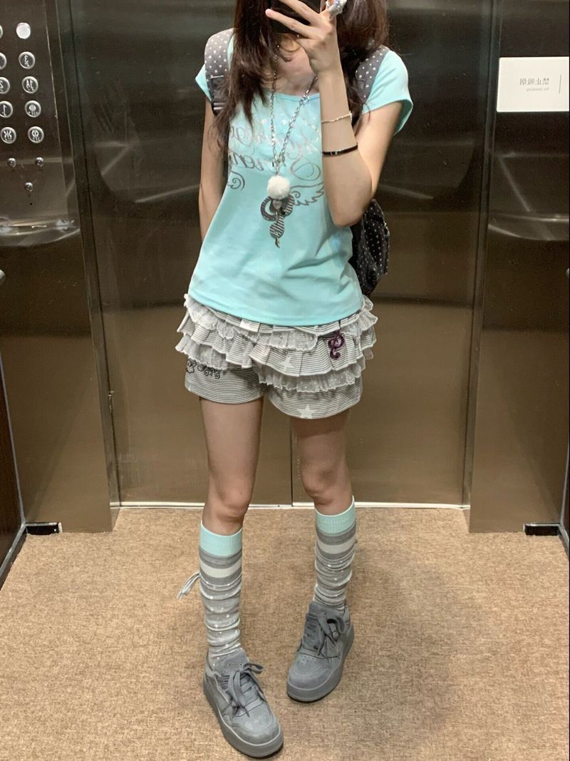 Y2K シルバー箔プリント 半袖Tシャツ ミントグリーン