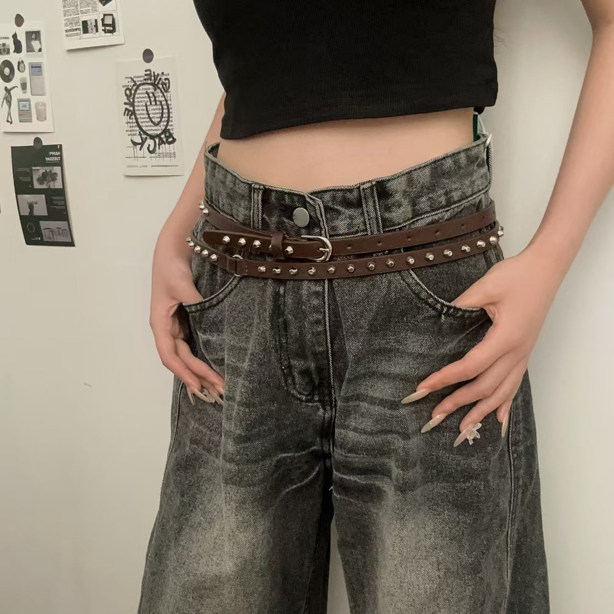 スタッズ ハトメ ベルト シンプル レトロ Y2K ダークブラウン