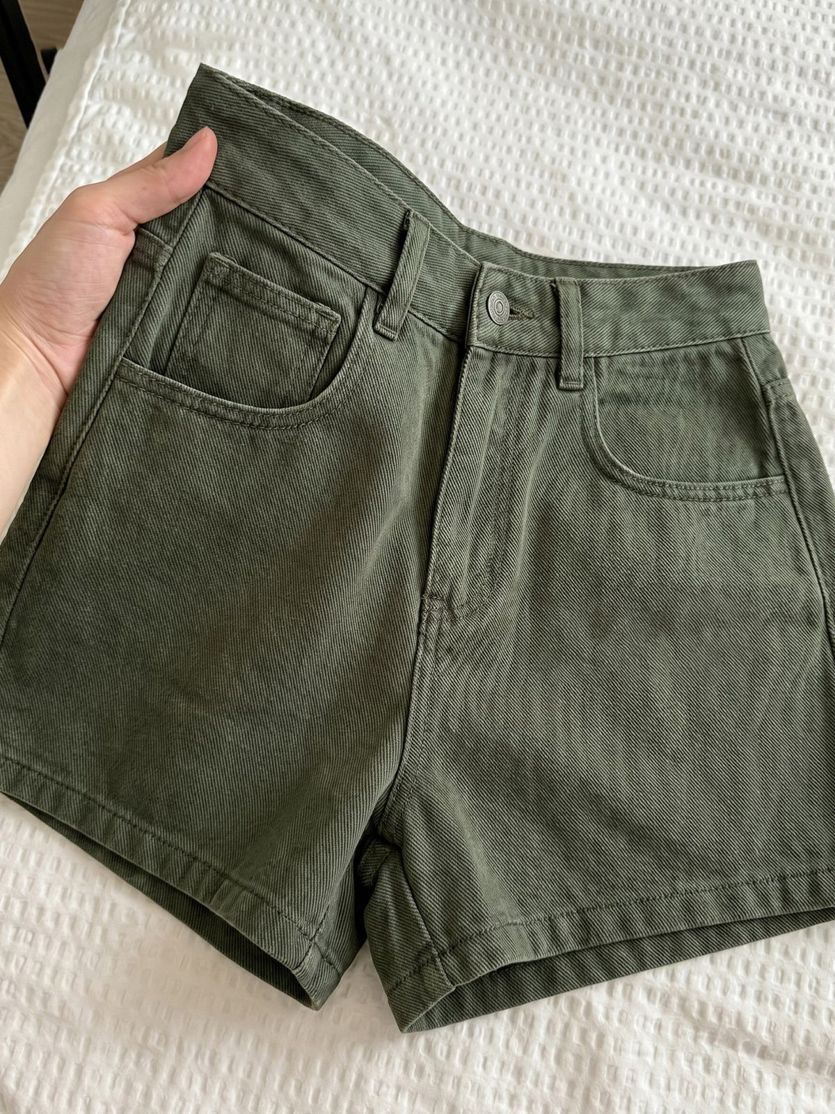 Y2K ハイウエスト ストレート デニムショートパンツ オリーブ