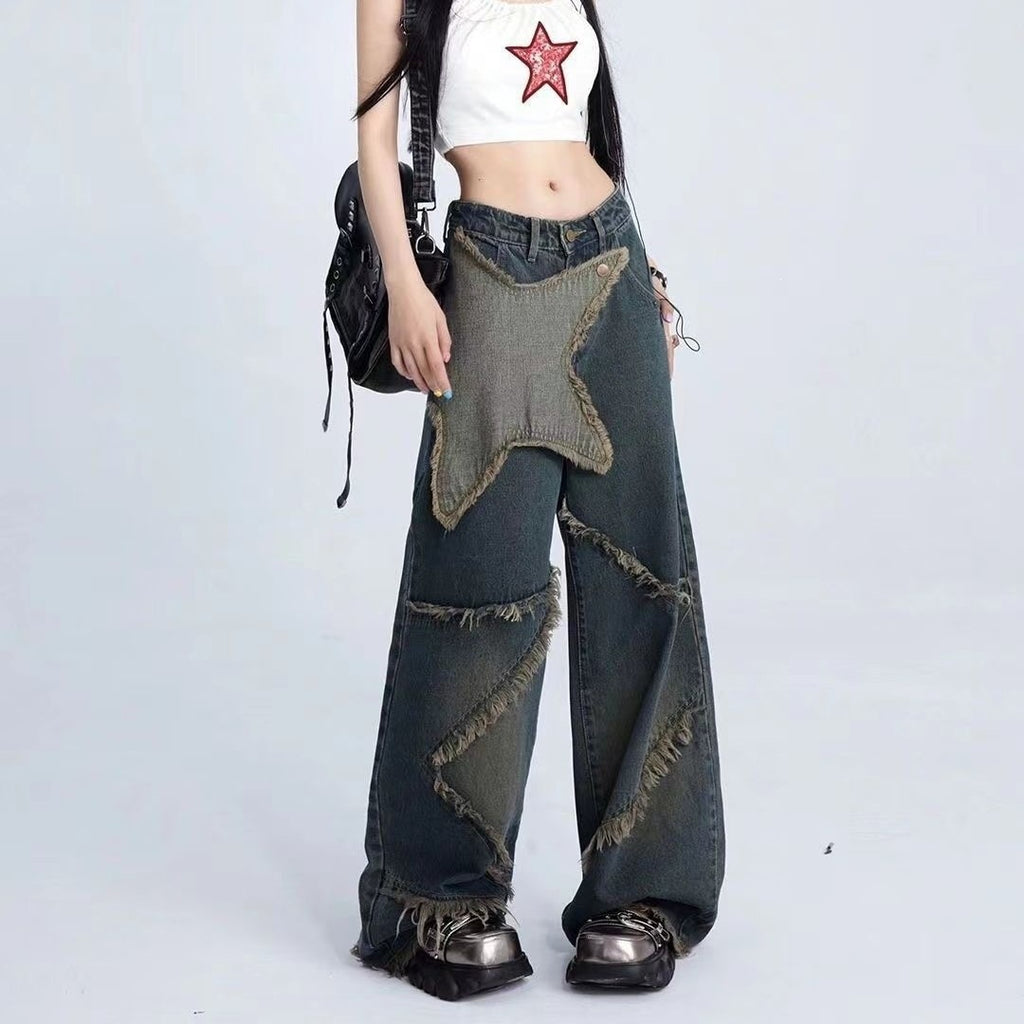 Y2K スターパッチ ワイド デニムパンツ