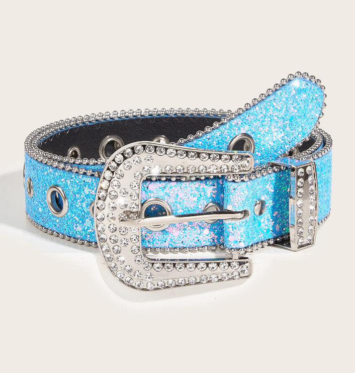 Y2K Glitter Rhinestone Western Belt - Blue (103 x 3.8cm)